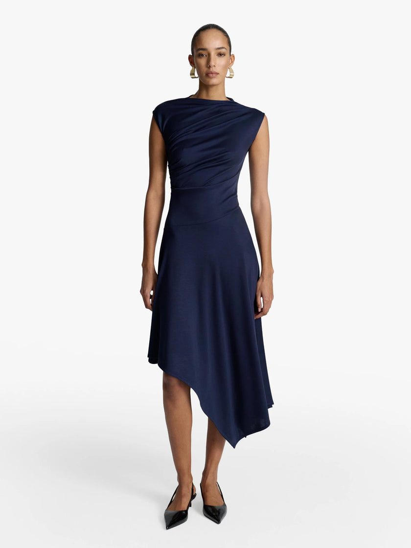 Acaria Studio - Blossom Dress in navy. Available at Edit by Elaine Turner in Houston, TX. Front model view. 