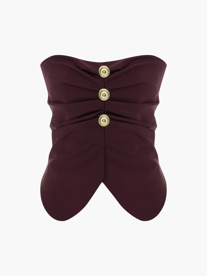 Acaria Studio - Guru Top - Red Wine. Available at Edit by Elaine Turner in Houston, TX. Flat Lay View. 