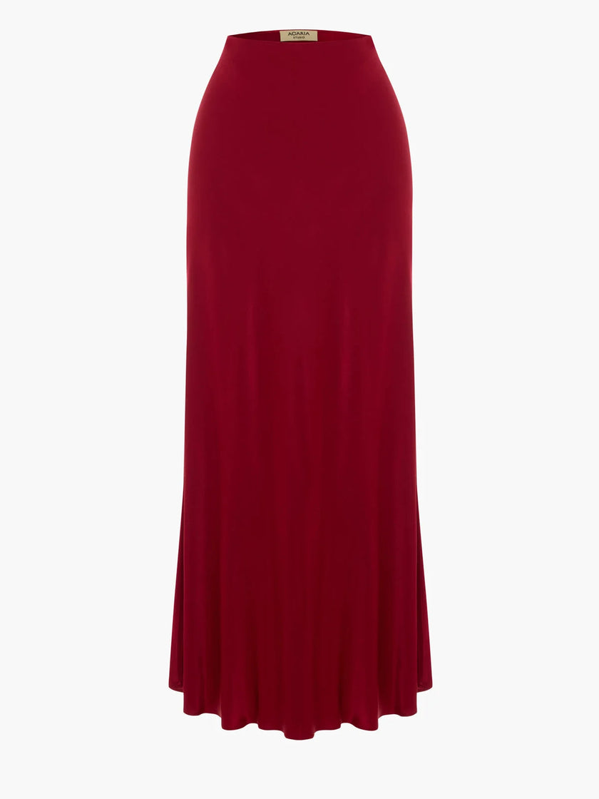 Acaria Studio- Jill Satin Skirt - Red. Available at Edit by Elaine Turner in Houston, TX. Close up view. 