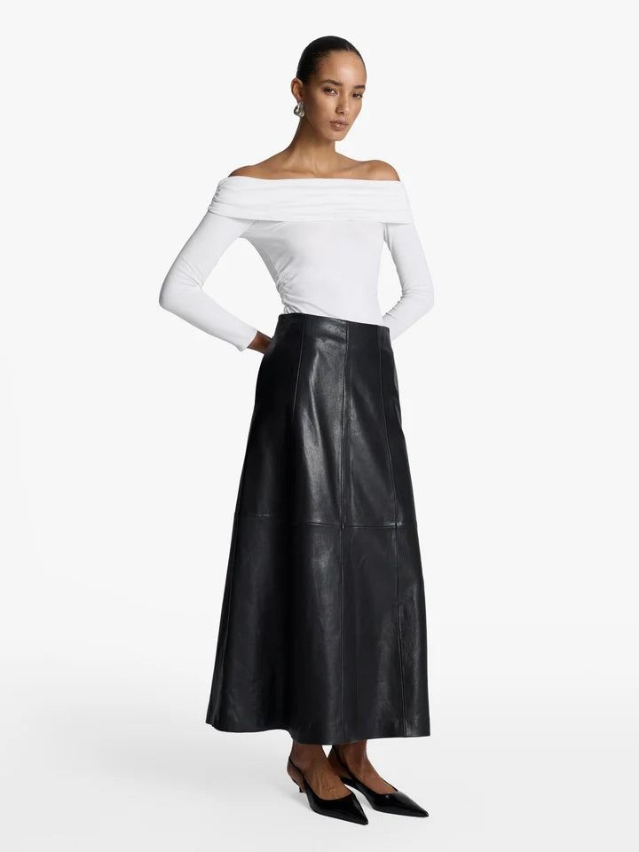 Acaria Studio Venus Leather Skirt. Available at Edit by Elaine Turner in Houston, TX. Model front view. 