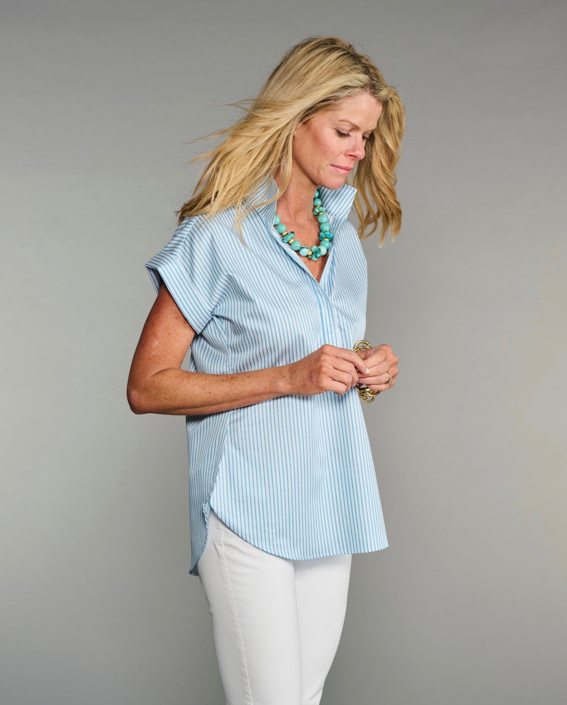 The Cap Sleeve League Blouse- Sea Glass Stripe