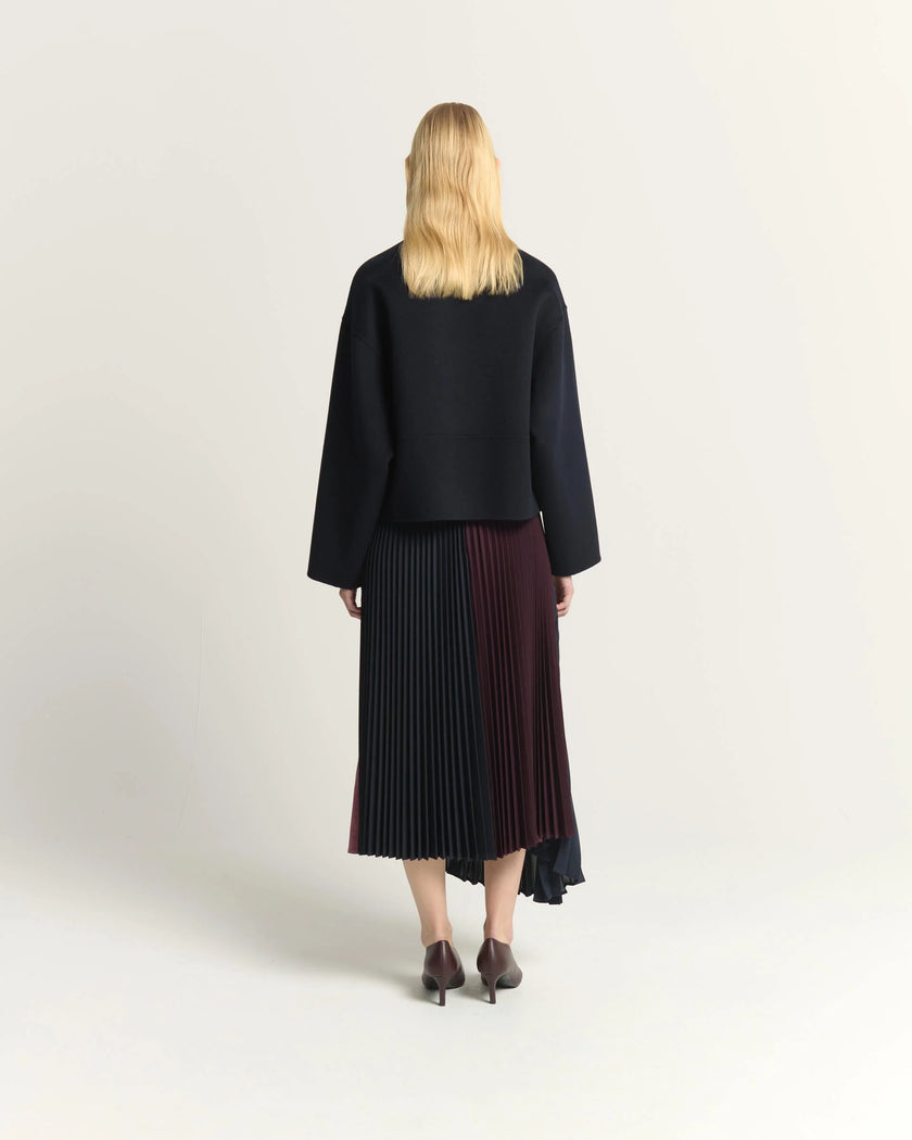 A model viewed from behind wearing a black cropped jacket and a pleated midi skirt with a color-blocked design in black and deep burgundy, paired with dark brown heels, against a plain light gray studio background.

Beatrice B Pleated Midi Skirt with Panels in Raspberry Pink. Available at Edit by Elaine Turner in Houston, TX. Full Back Model View. 