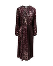 A long-sleeved midi dress in a burnt amber color with a light pink abstract spotted pattern, featuring a pleated skirt and gathered neckline, shown on a plain white background.

Beatrice B Printed Silk Midi Dress with Pleats. Available at Edit by Elaine Turner in Houston, TX. Full front view. 