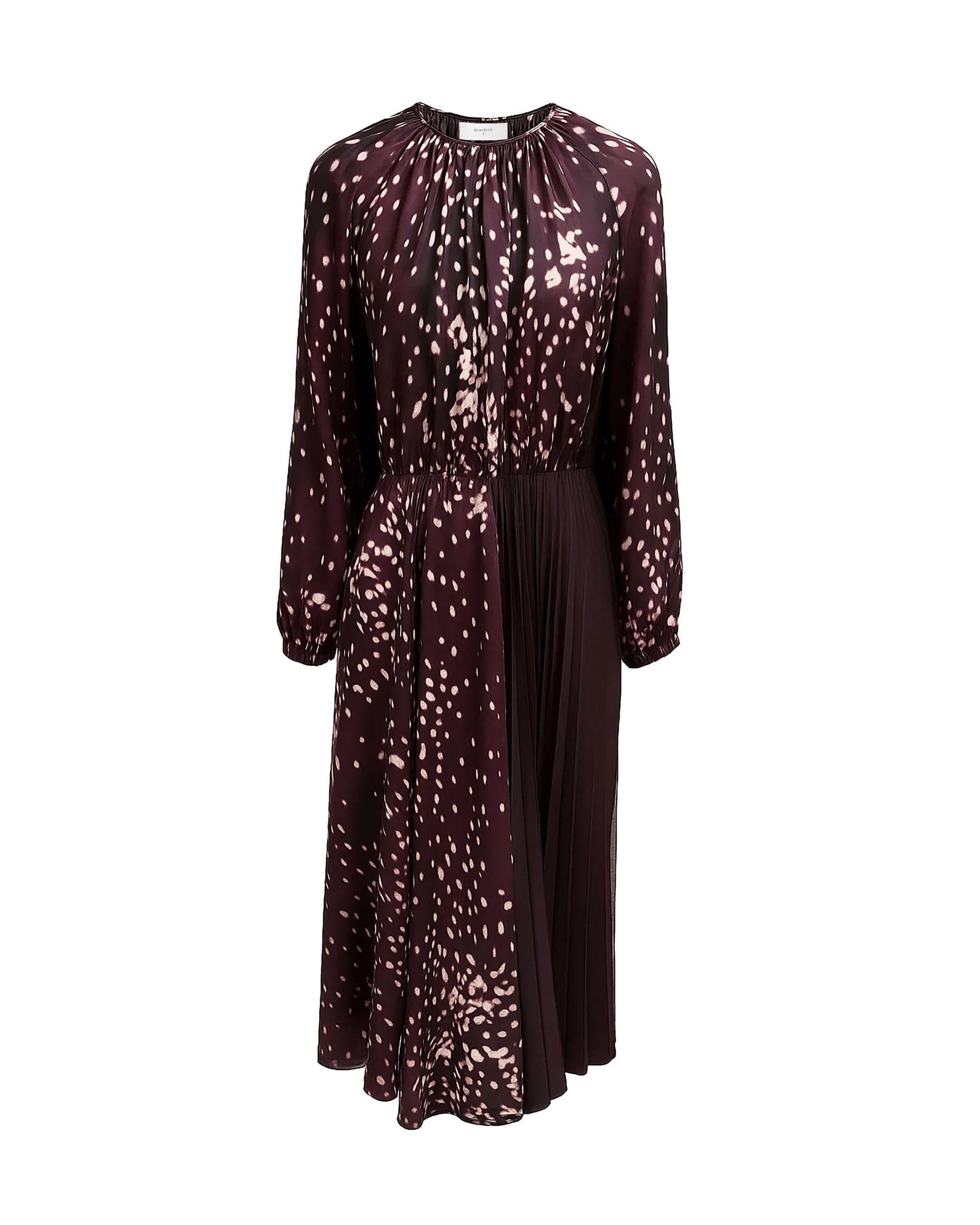 A long-sleeved midi dress in a burnt amber color with a light pink abstract spotted pattern, featuring a pleated skirt and gathered neckline, shown on a plain white background.

Beatrice B Printed Silk Midi Dress with Pleats. Available at Edit by Elaine Turner in Houston, TX. Full front view. 