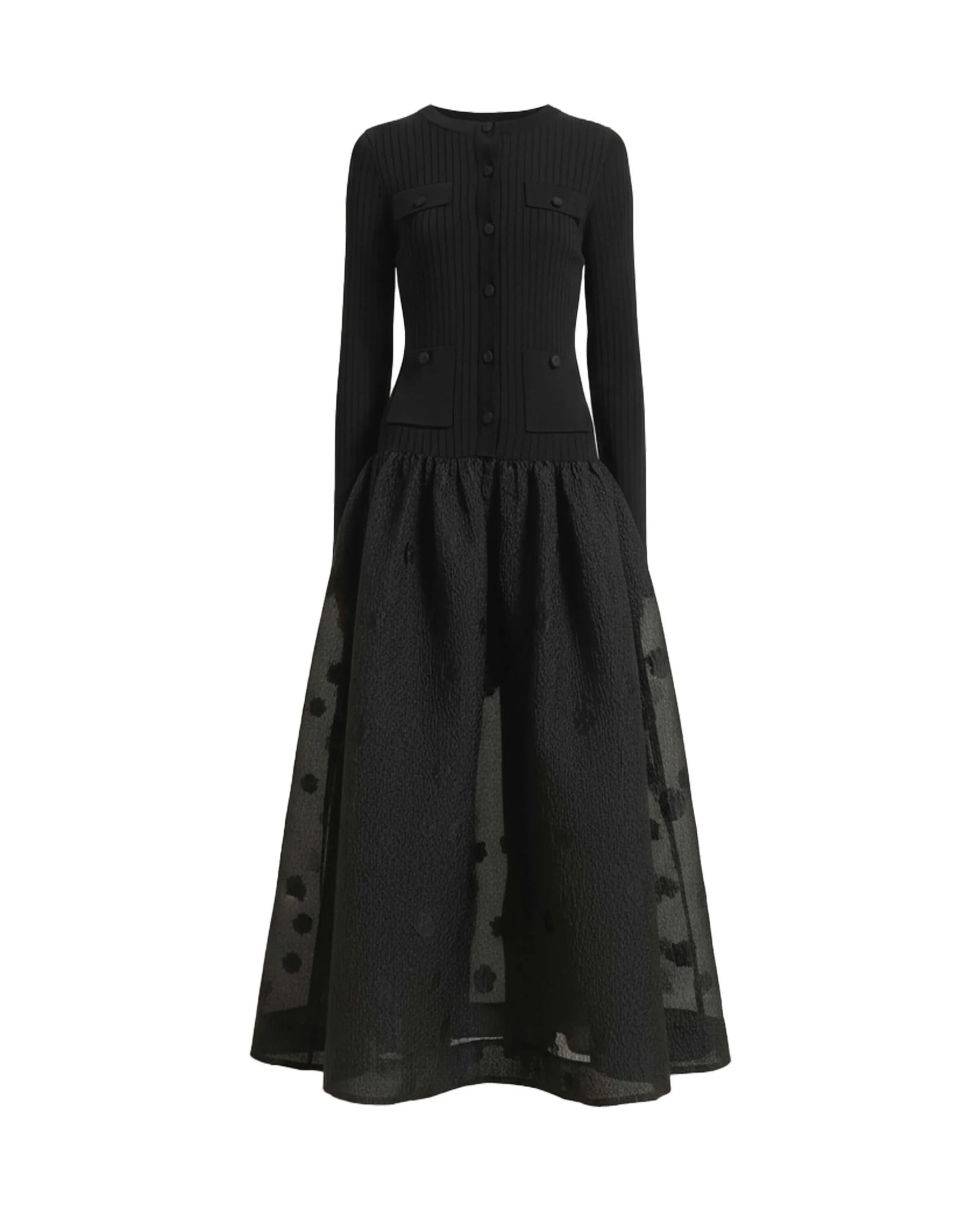 A black long-sleeve midi dress with a ribbed button-front bodice, gathered waist, and sheer patterned side panels, shown on a plain white background.

Beatrice B. Ribbed Knit Dress with Jacquard Skirt in black. Available at Edit by Elaine Turner in Houston, TX. Front flat lay View.