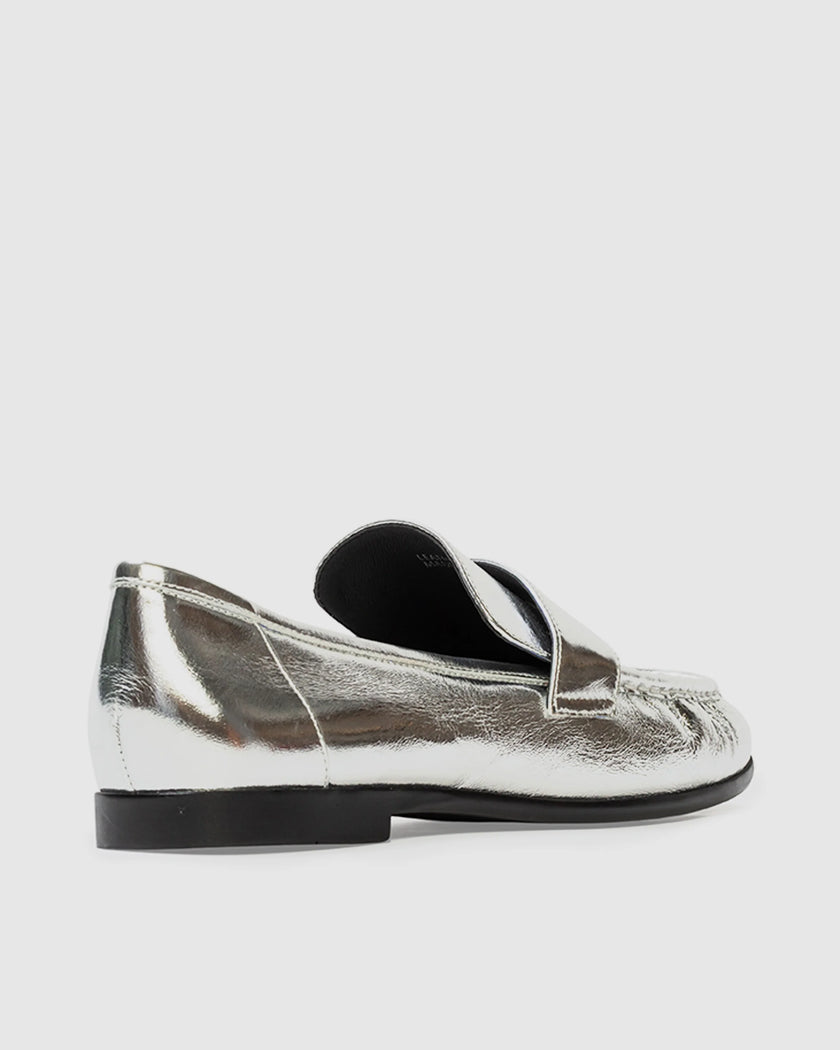 Black Suede Studio - Arrow Loafer - Silver Crinkled Metallic Leather. Available at Edit by Elaine Turner in Houston, TX. Back Side View. 