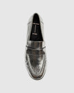 Black Suede Studio - Arrow Loafer - Silver Crinkled Metallic Leather. Available at Edit by Elaine Turner in Houston, TX. Front View. 