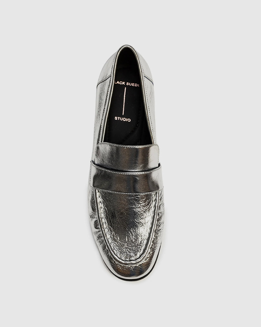Black Suede Studio - Arrow Loafer - Silver Crinkled Metallic Leather. Available at Edit by Elaine Turner in Houston, TX. Front View. 