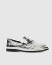 Black Suede Studio - Arrow Loafer - Silver Crinkled Metallic Leather. Available at Edit by Elaine Turner in Houston, TX. Front Side View. 