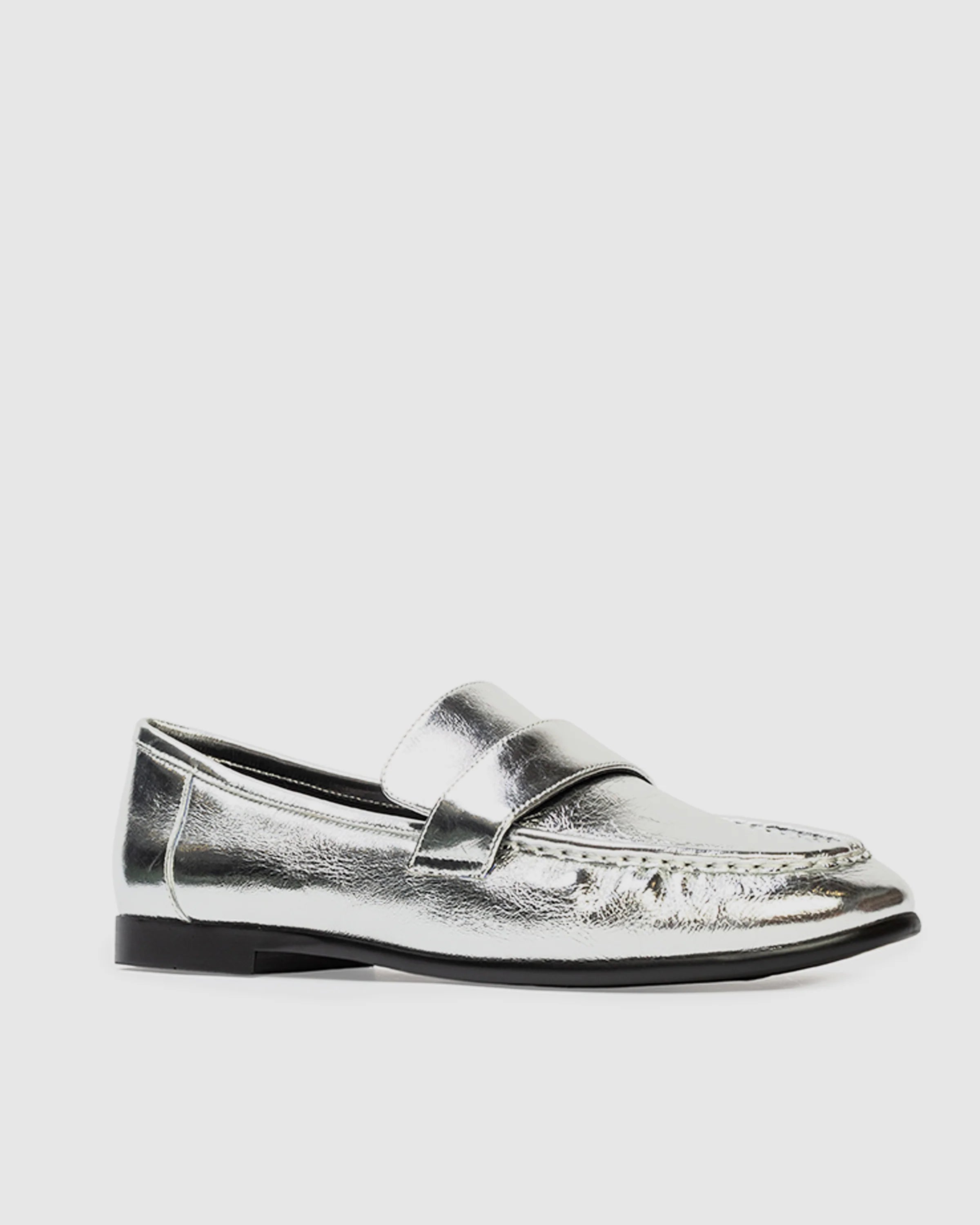Black Suede Studio - Arrow Loafer - Silver Crinkled Metallic Leather. Available at Edit by Elaine Turner in Houston, TX. Front Side View. 