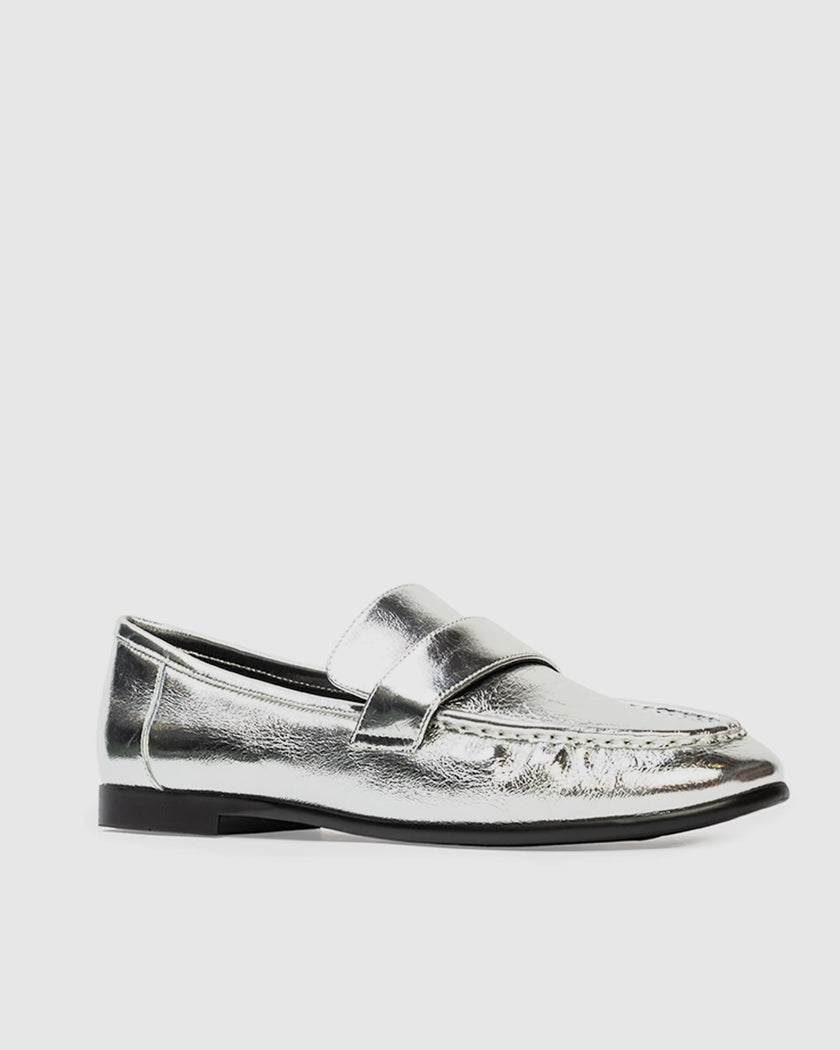 Black Suede Studio - Arrow Loafer - Silver Crinkled Metallic Leather. Available at Edit by Elaine Turner in Houston, TX. Front Side View. 