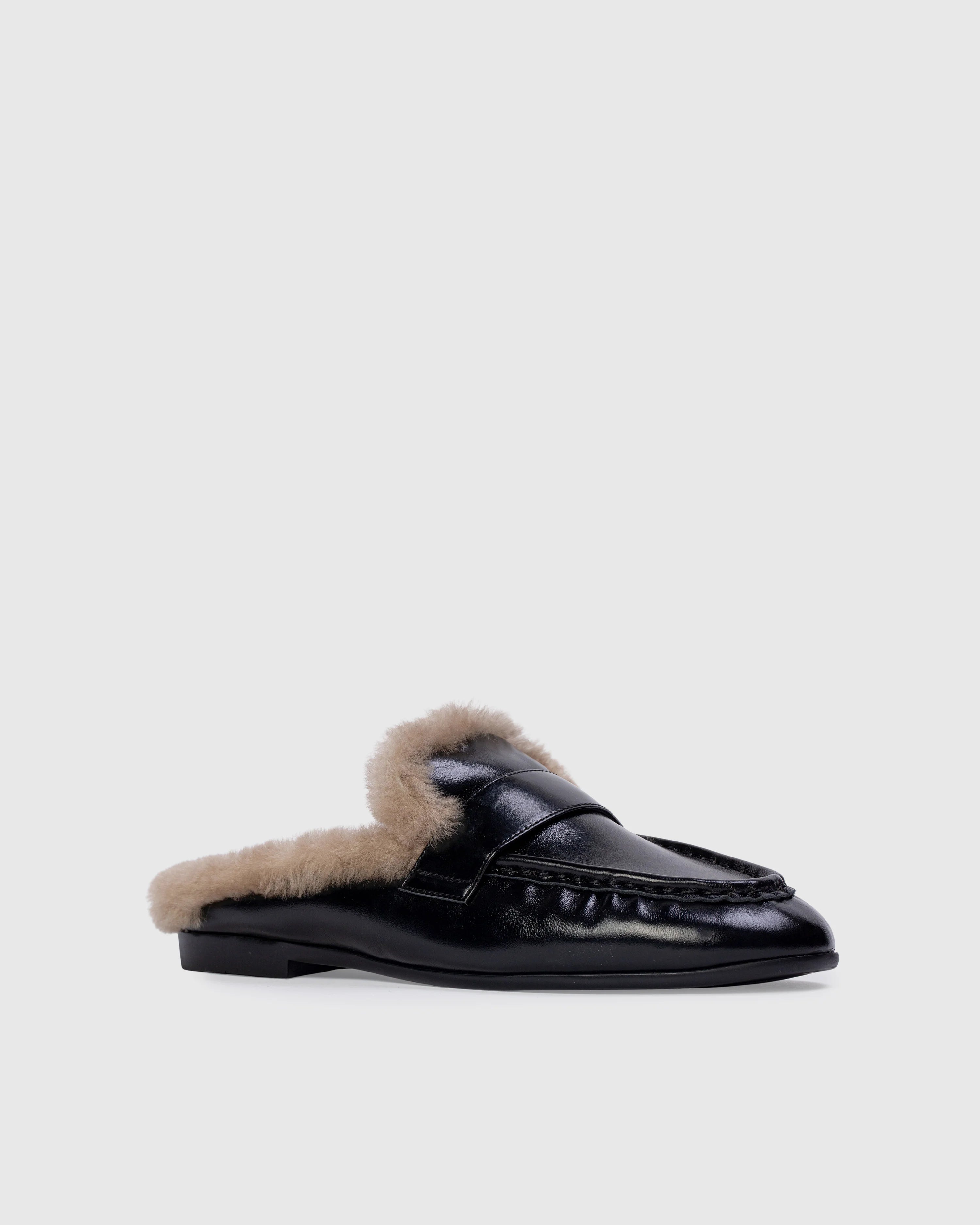 Black Suede Studio - Theo Mule - Black Leather. Available at Edit by Elaine Turner in Houston, TX. Front Side View. 