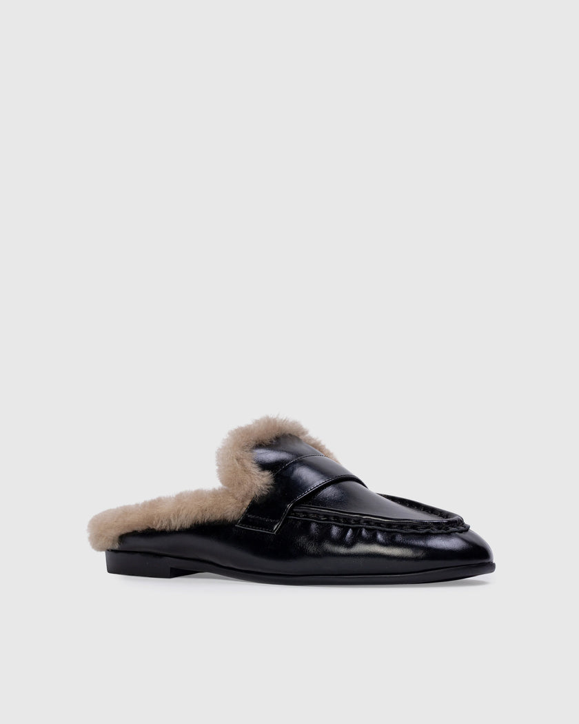 Black Suede Studio - Theo Mule - Black Leather. Available at Edit by Elaine Turner in Houston, TX. Front Side View. 