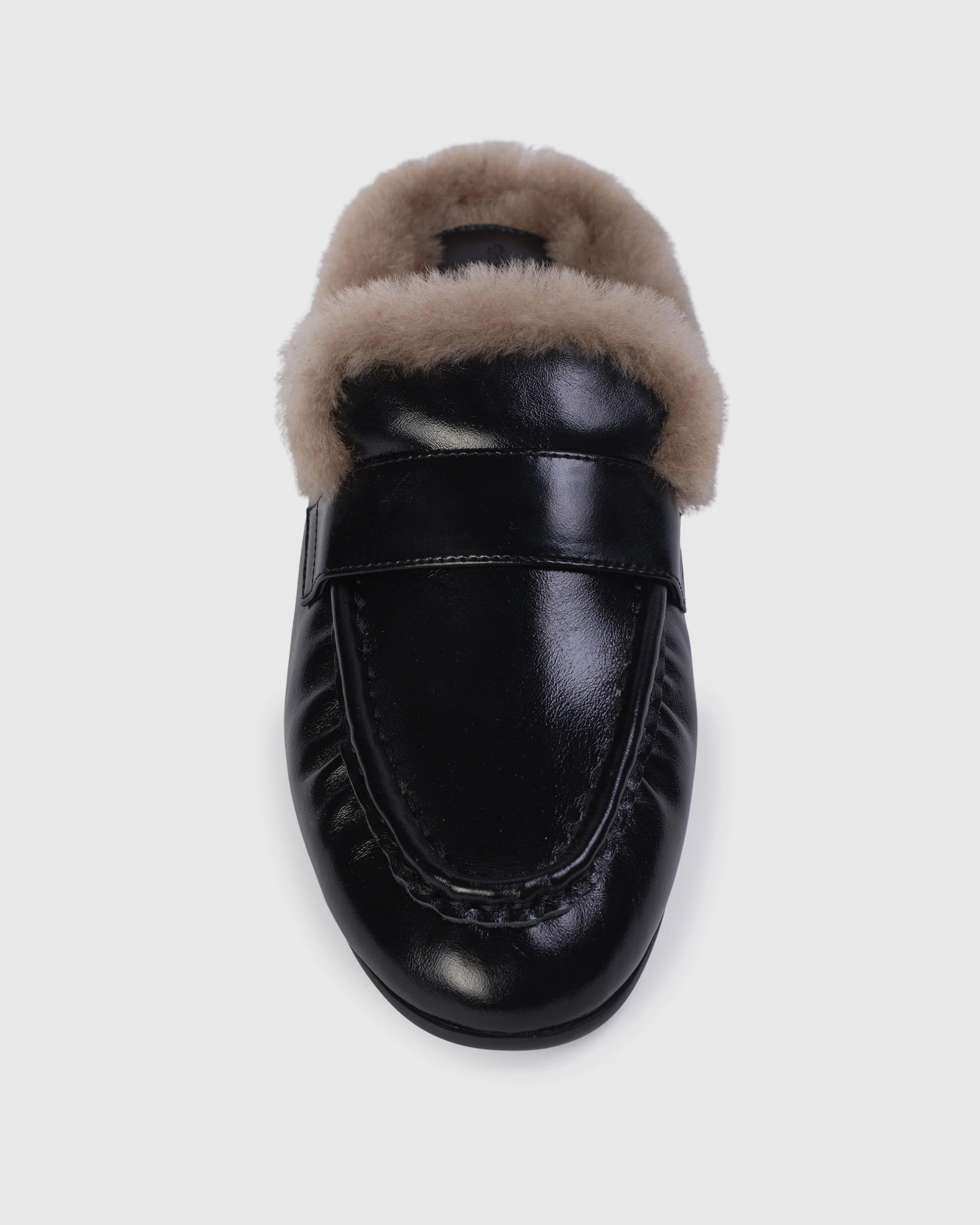 Black Suede Studio - Theo Mule - Black Leather. Available at Edit by Elaine Turner in Houston, TX. Front View. 