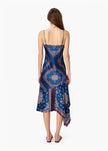 Woman wearing a blue patterned dress on a white background. CAMI NYC Becky Lace Trim Midi Dress in Mariner's Bandana at Edit by Elaine Turner. Back View. 