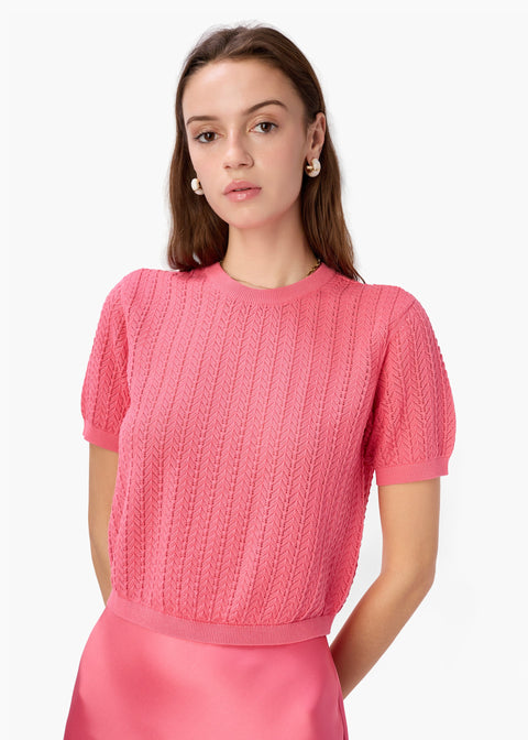 Woman wearing a pink knitted top against a white background by CAMI NYC - Ellory Cotton Knit Top in Hibiscus at edit. BY ELAINE TURNER. Model shown wearing the Ellory from the front view. 