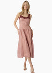 Woman wearing a berry checkered dress with lace straps on a white background. CAMI NYC Kairina Midi Dress in Berry Gingham at Edit by Elaine Turner. Full body view. 