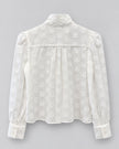CISSA- The Bow Tie Blouse in sheer polka dot. Available at Edit by Elaine Turner in Houston, TX. Back flat lay view. 