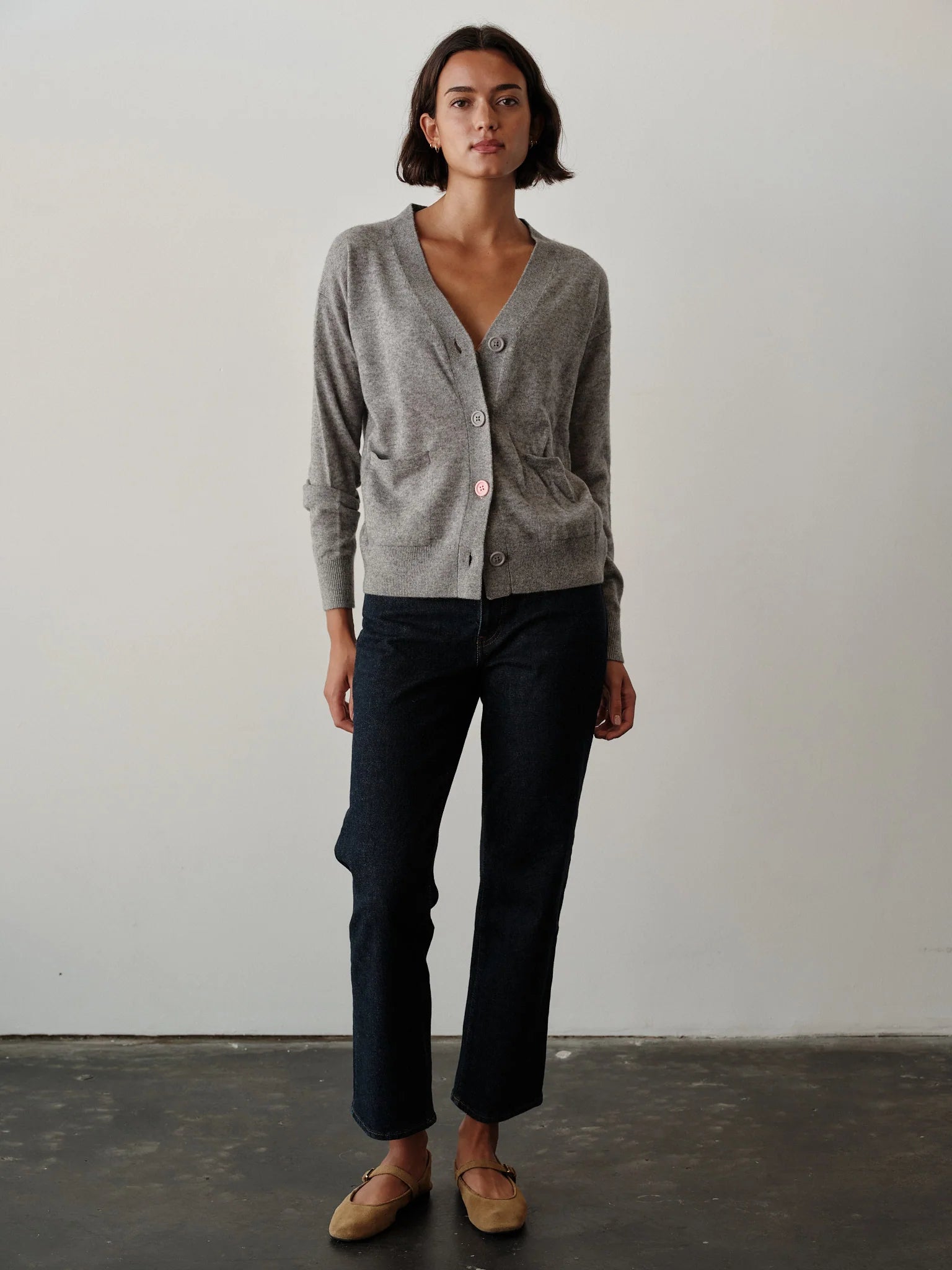 CISSA- The Wrap Cardigan in true heathered grey. Available at Edit by Elaine Turner in Houston, TX. Front Model View. 