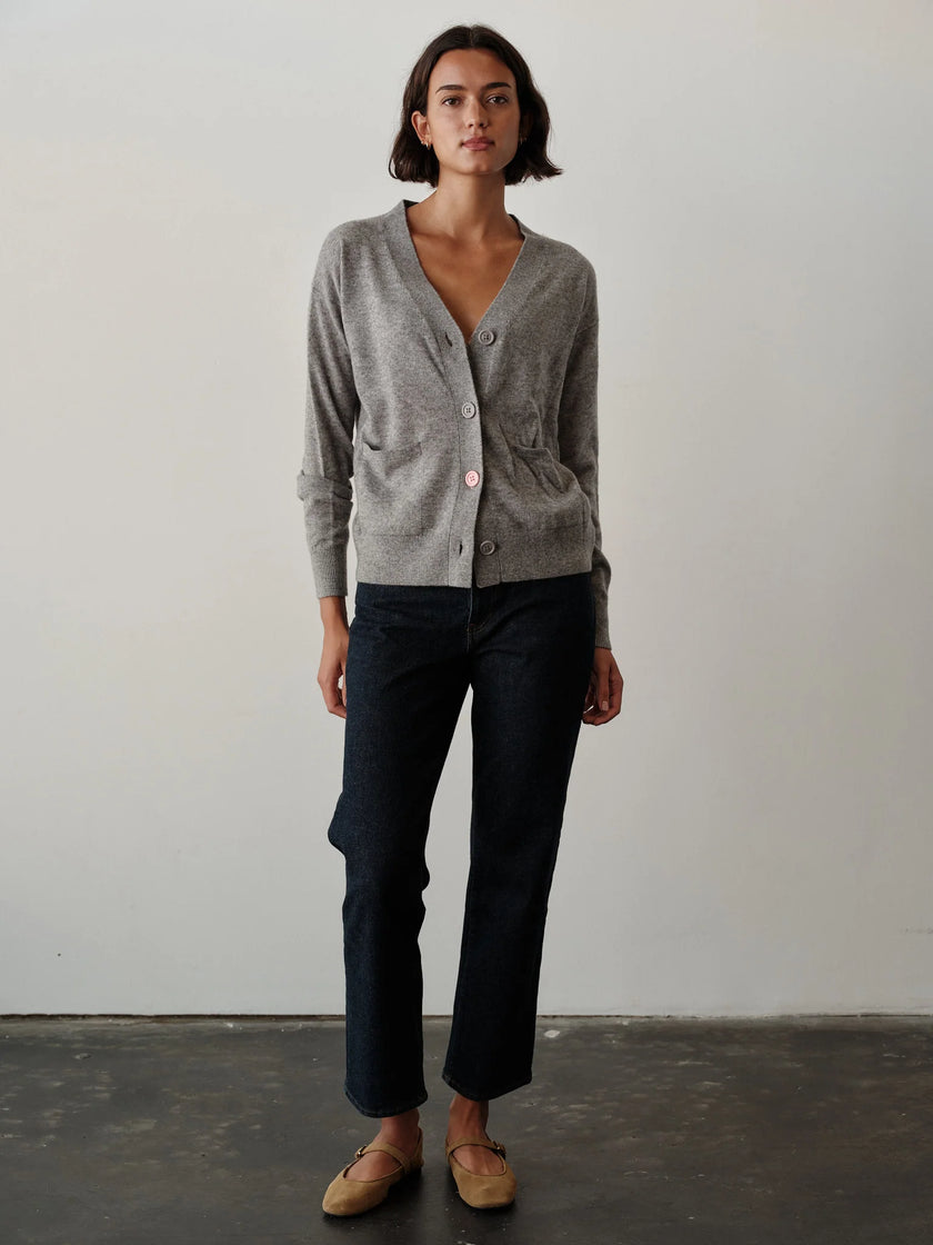 CISSA- The Wrap Cardigan in true heathered grey. Available at Edit by Elaine Turner in Houston, TX. Front Model View. 