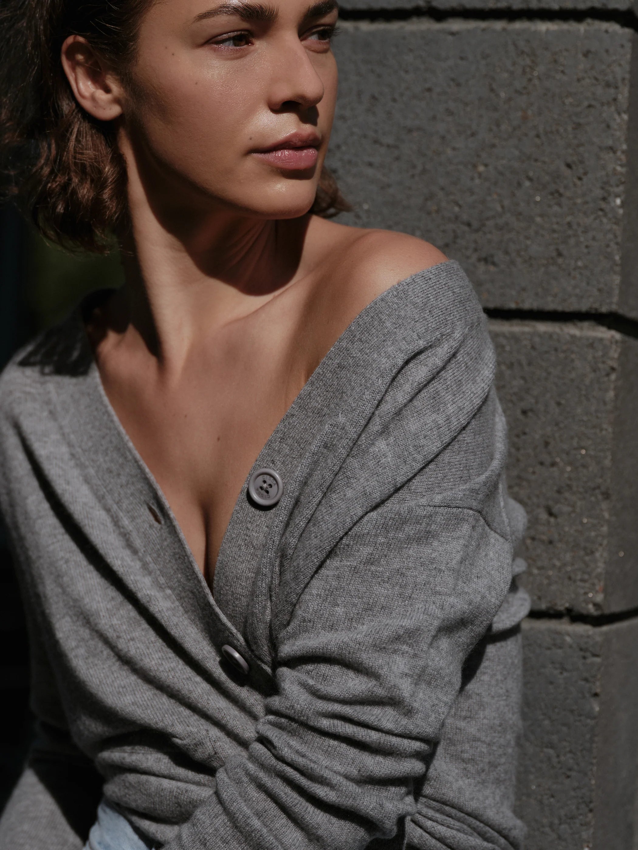 CISSA- The Wrap Cardigan in true heathered grey. Available at Edit by Elaine Turner in Houston, TX. Model Close Up View. 