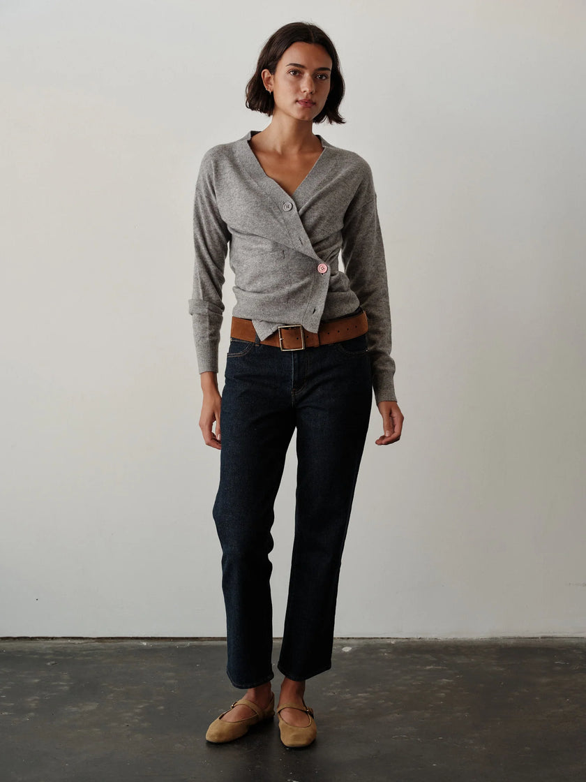 CISSA- The Wrap Cardigan in true heathered grey. Available at Edit by Elaine Turner in Houston, TX. Front Model View. 