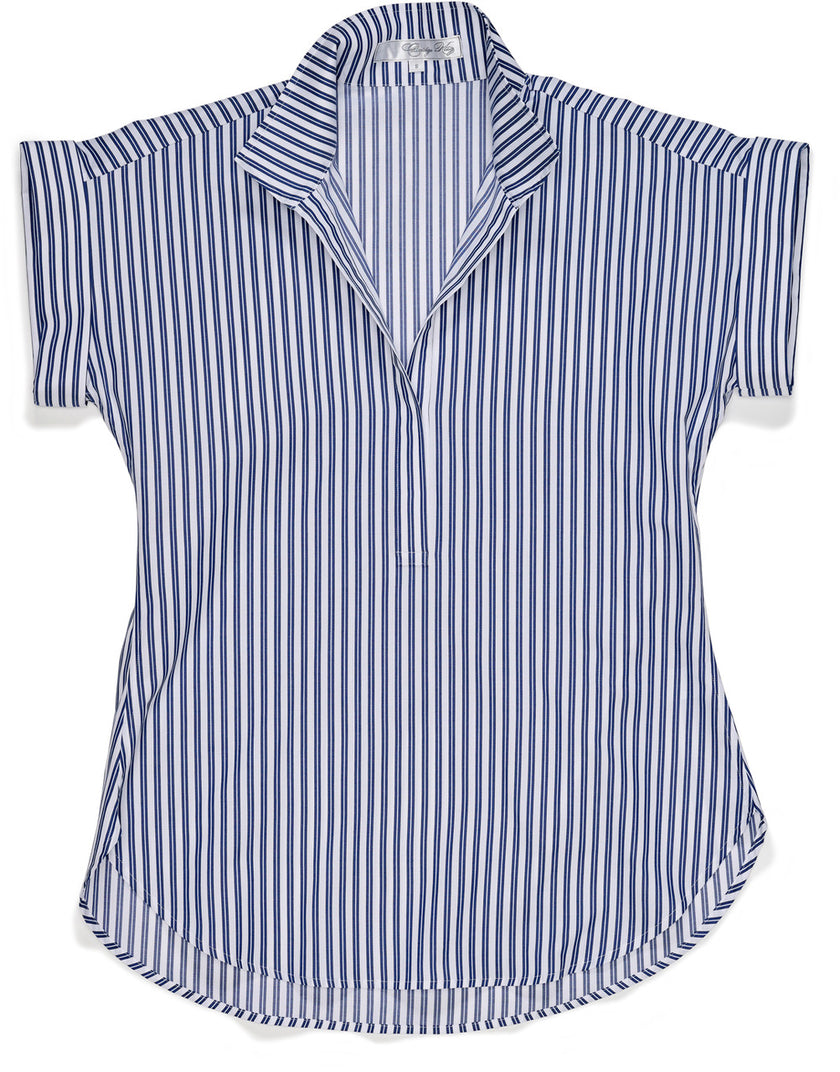 The Cap Sleeve League Blouse- Navy Awning Stripe