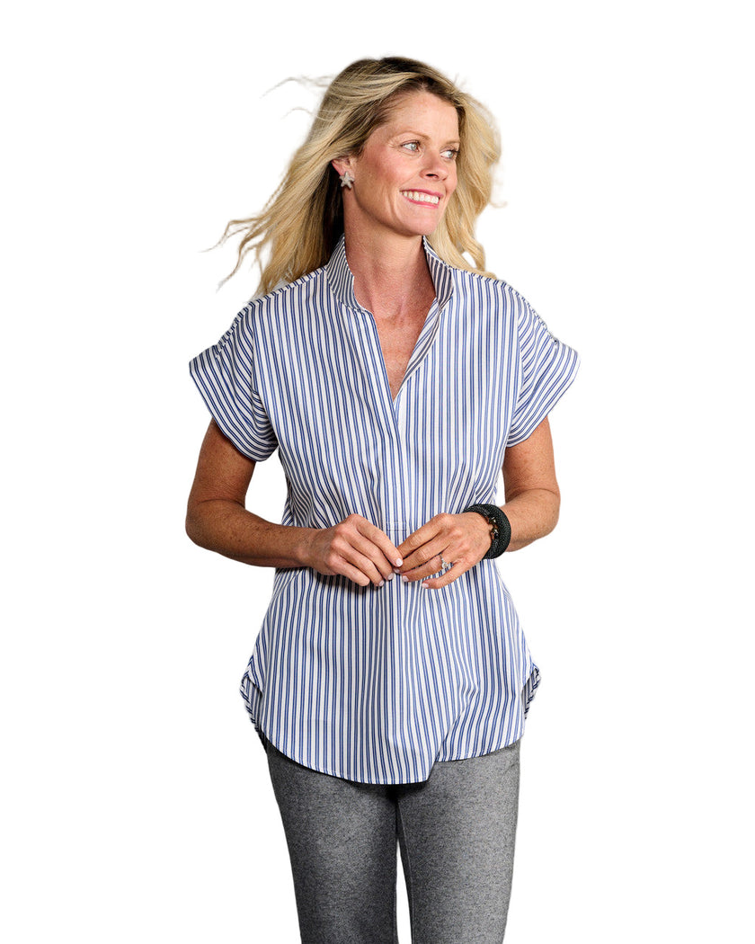 The Cap Sleeve League Blouse- Navy Awning Stripe