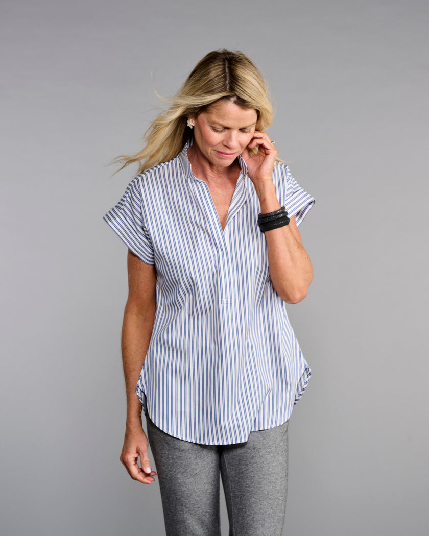 The Cap Sleeve League Blouse- Navy Awning Stripe