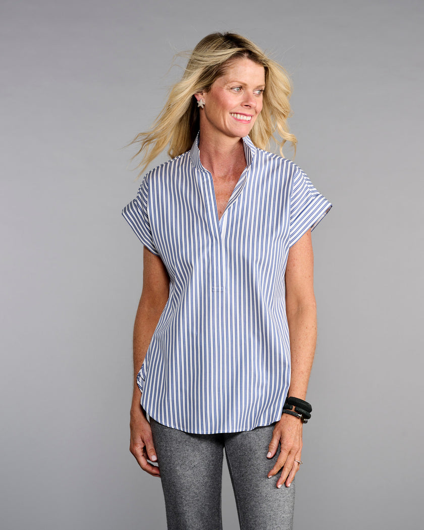 The Cap Sleeve League Blouse- Navy Awning Stripe