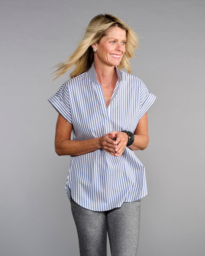 The Cap Sleeve League Blouse- Navy Awning Stripe