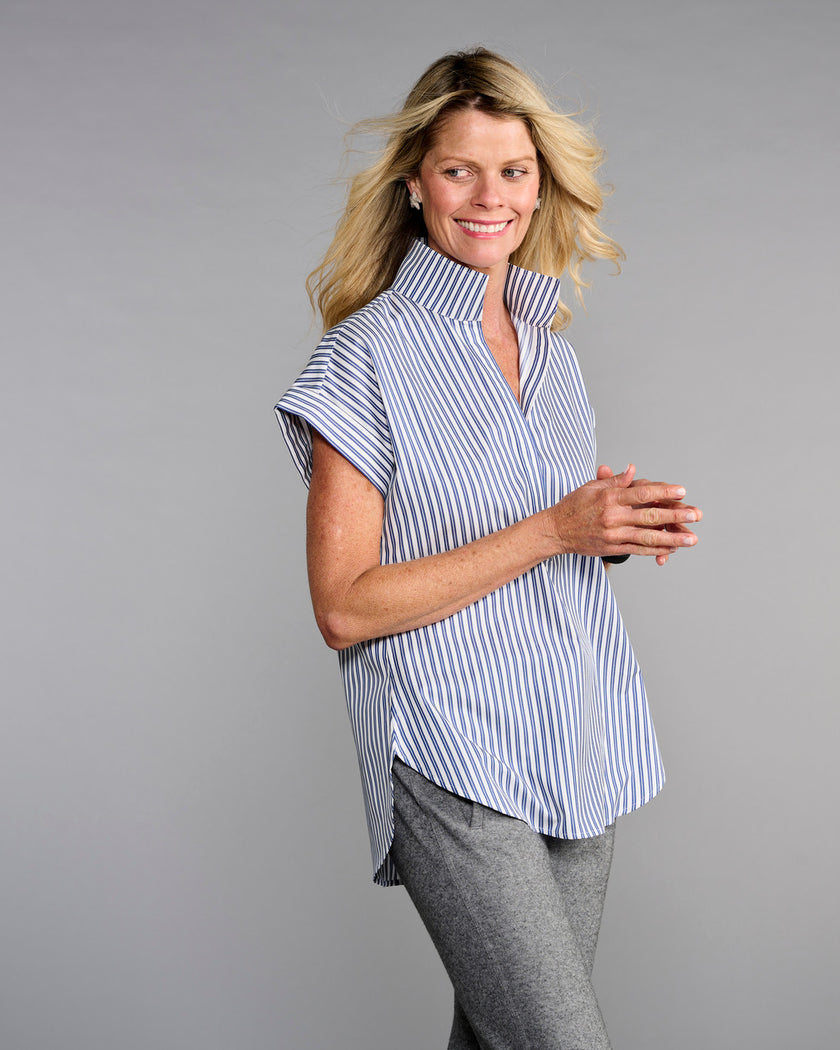 The Cap Sleeve League Blouse- Navy Awning Stripe