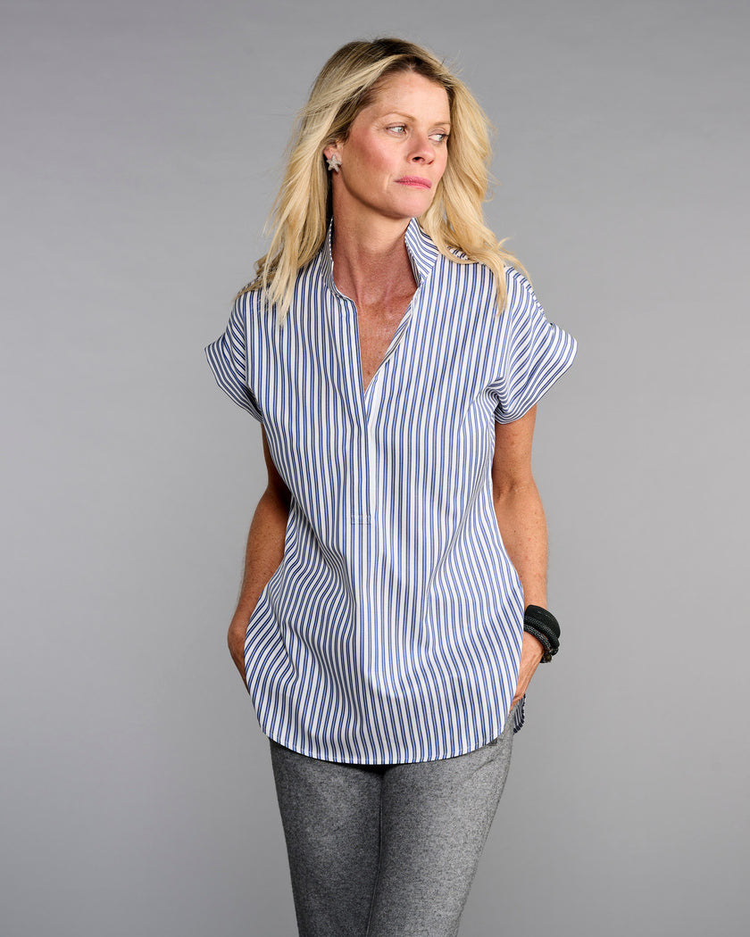 The Cap Sleeve League Blouse- Navy Awning Stripe