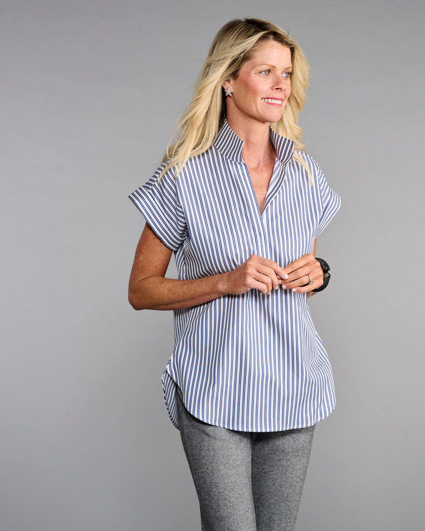 The Cap Sleeve League Blouse- Navy Awning Stripe