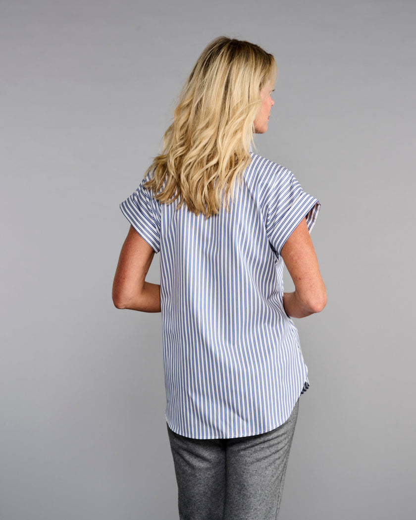 The Cap Sleeve League Blouse- Navy Awning Stripe