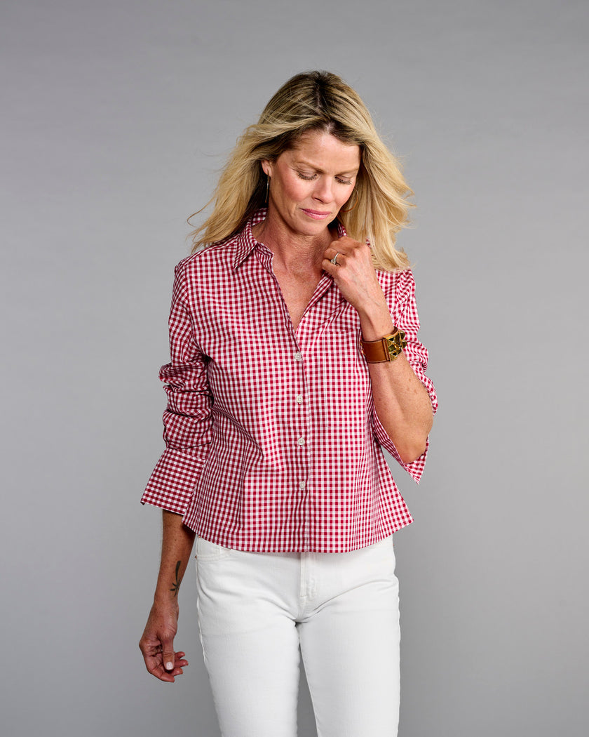 The Crop Shirt- Cranberry Check