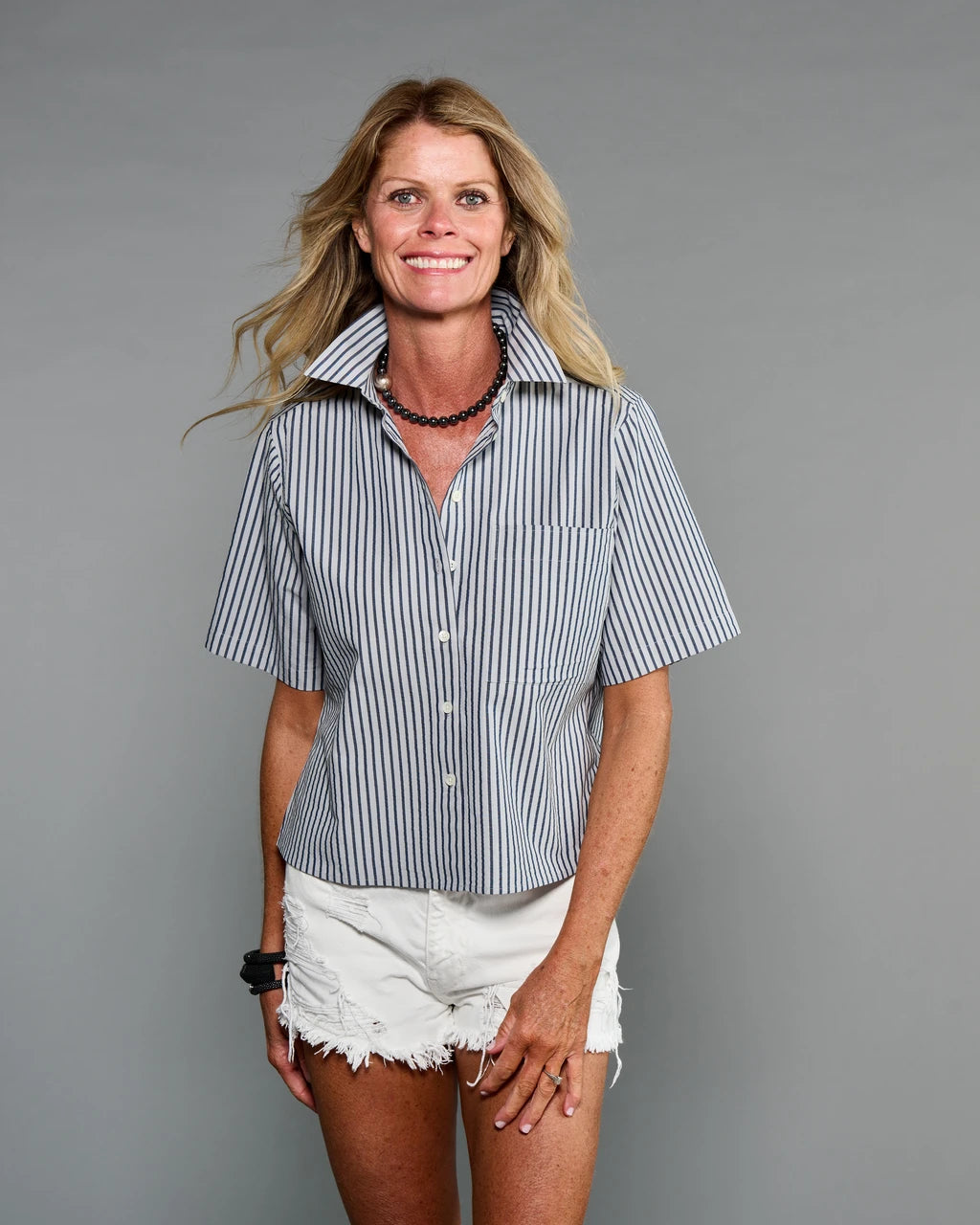 Claridge & King- The Short Sleeve Crop Shirt- Blue Lagoon Stripe - Edit by Elaine Turner