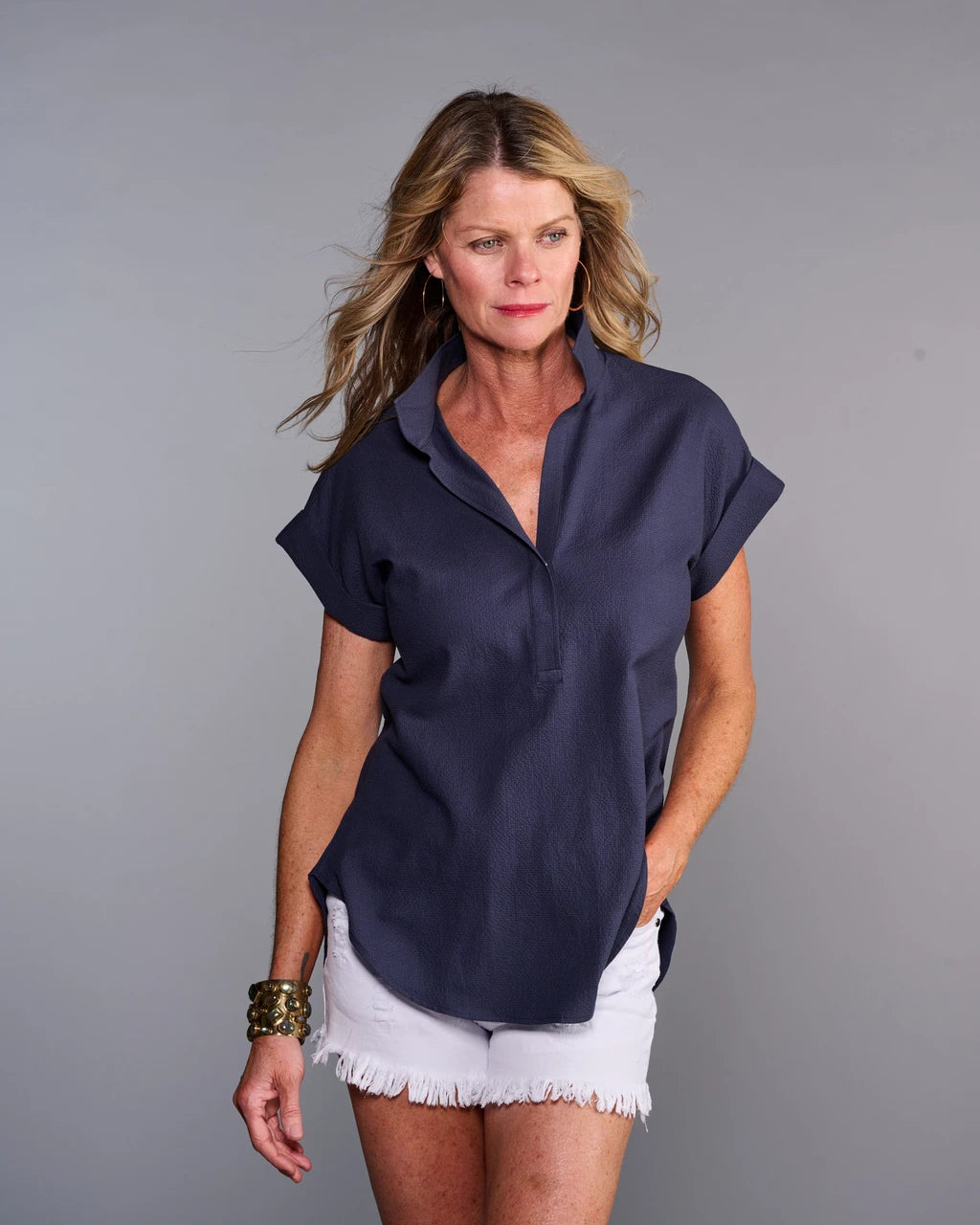 Claridge & King- The Cap Sleeve League Blouse- Midnight Seersucker - Edit by Elaine Turner