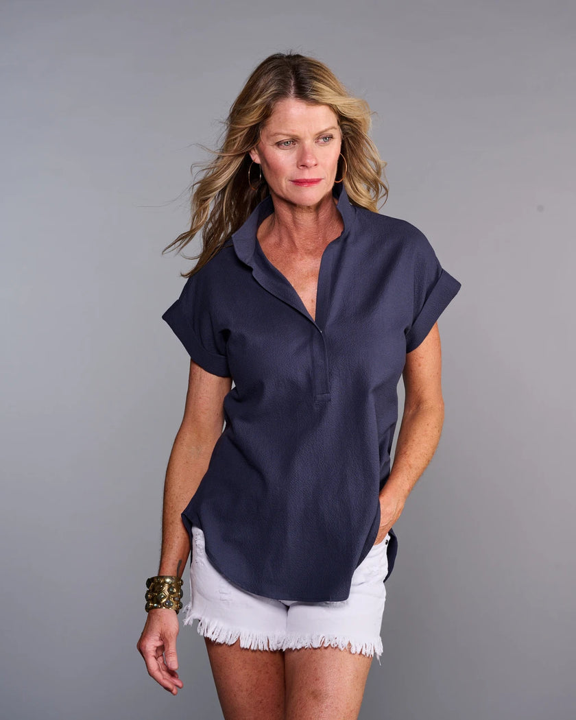 Claridge & King- The Cap Sleeve League Blouse- Midnight Seersucker - Edit by Elaine Turner