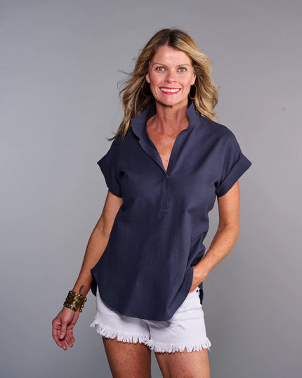 Claridge & King- The Cap Sleeve League Blouse- Midnight Seersucker - Edit by Elaine Turner