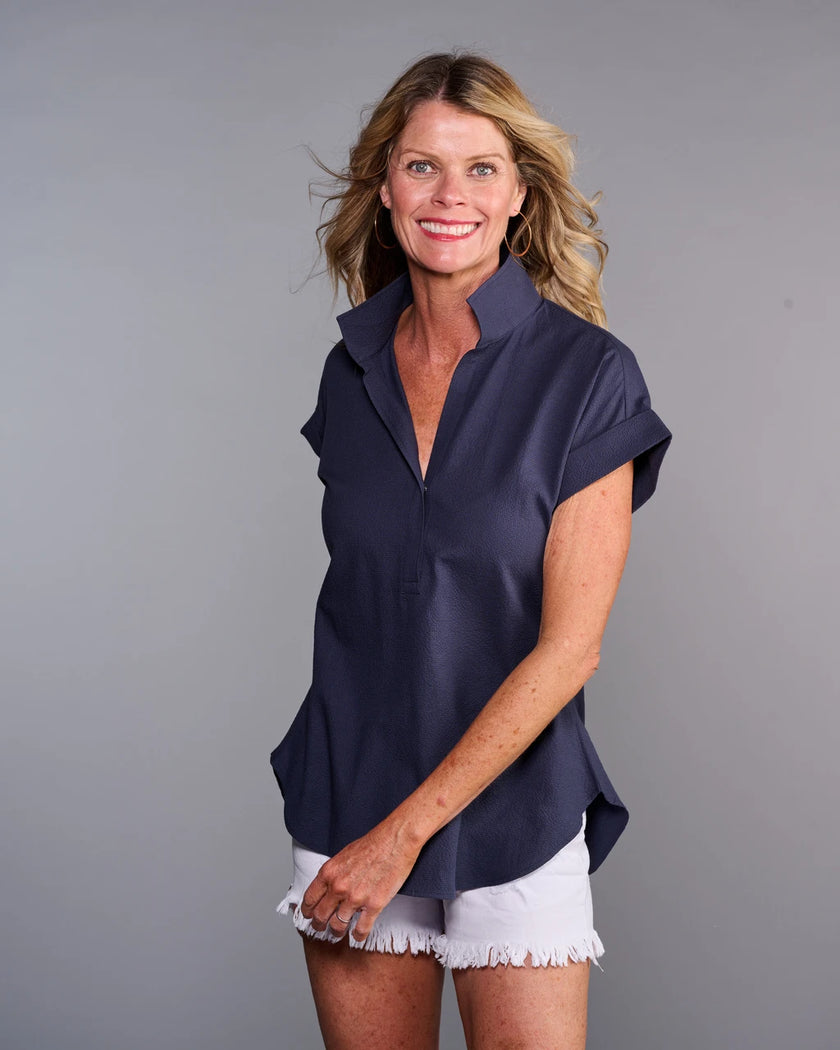 Claridge & King- The Cap Sleeve League Blouse- Midnight Seersucker - Edit by Elaine Turner
