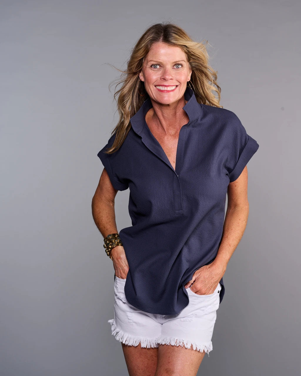 Claridge & King- The Cap Sleeve League Blouse- Midnight Seersucker - Edit by Elaine Turner