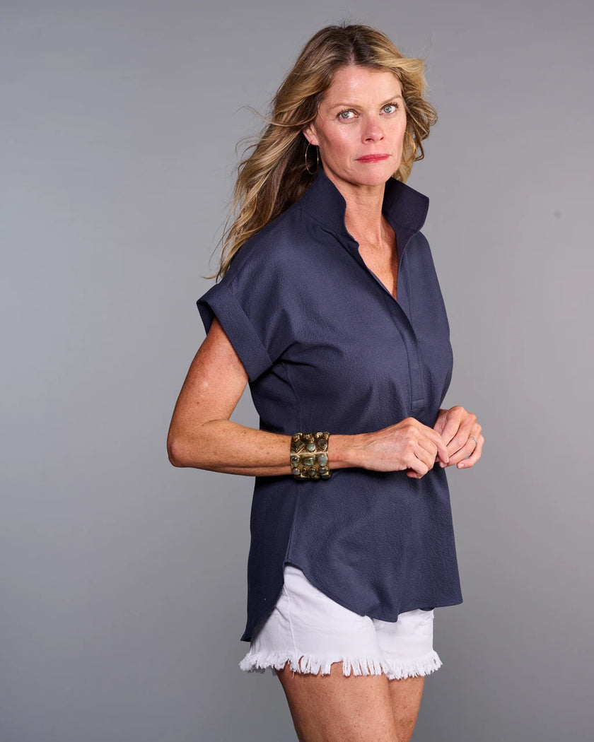 Claridge & King- The Cap Sleeve League Blouse- Midnight Seersucker - Edit by Elaine Turner