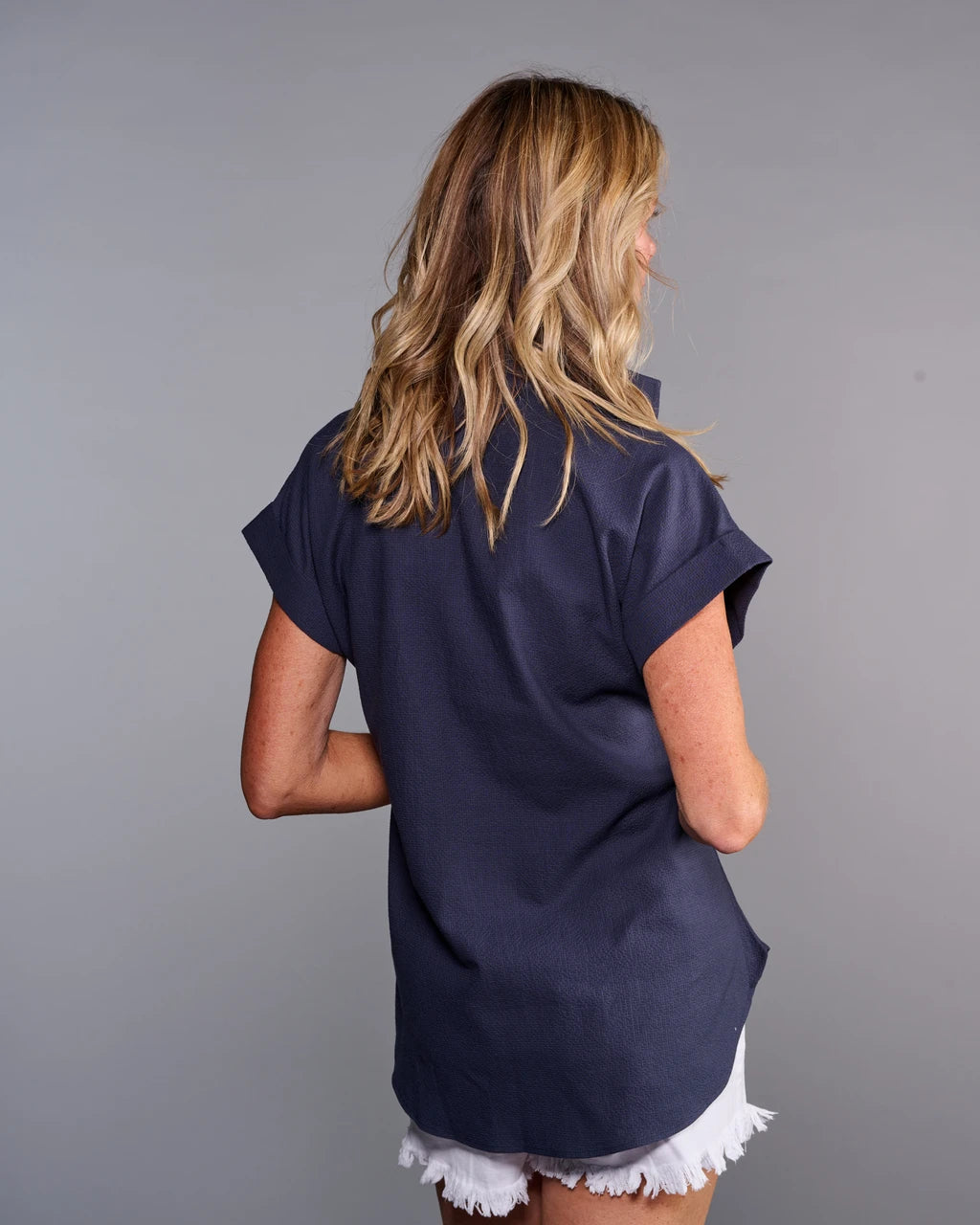 Claridge & King- The Cap Sleeve League Blouse- Midnight Seersucker - Edit by Elaine Turner