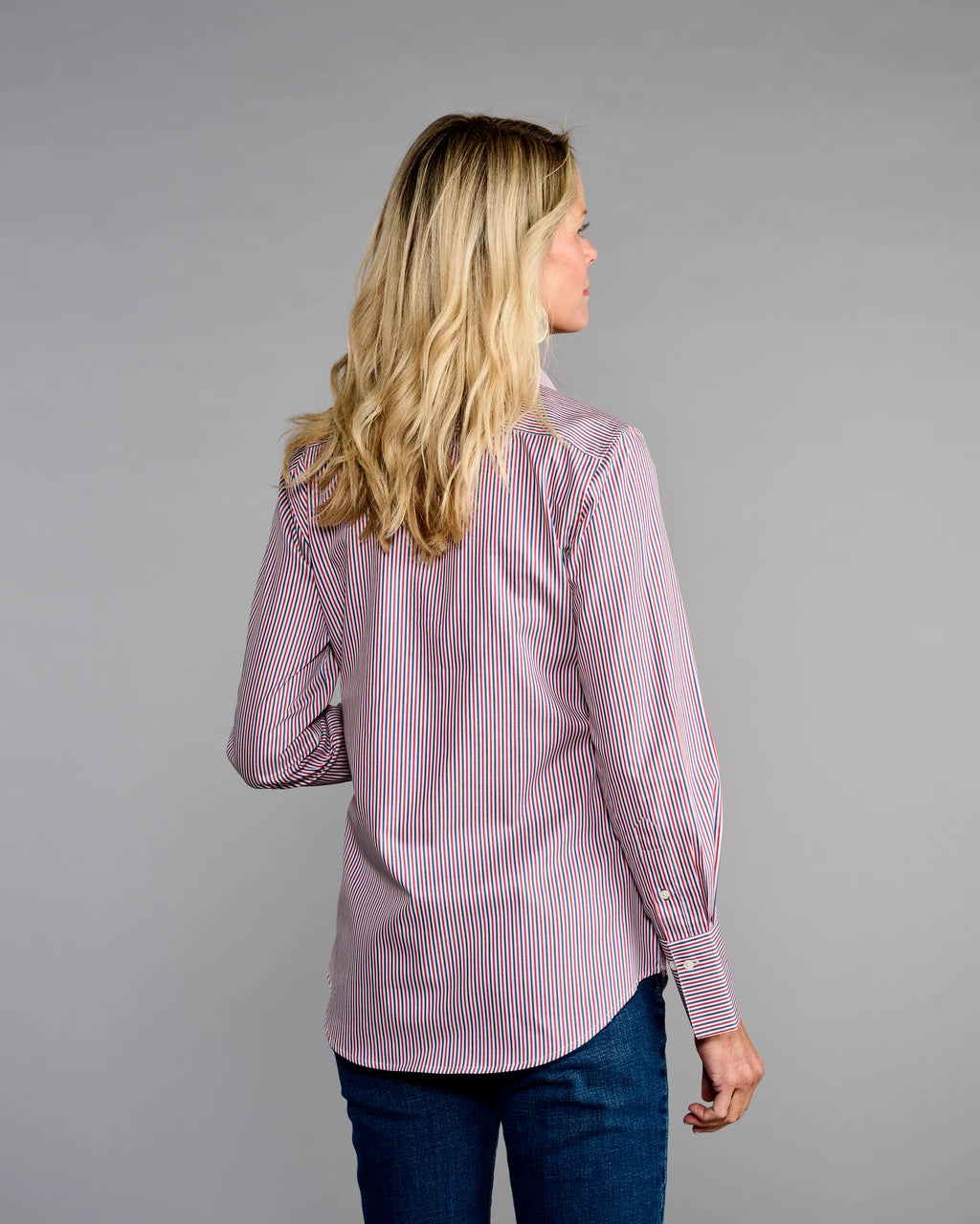 Claridge & King- The 4..0 Shirt in Ross Stripe. Available at Edit by Elaine Turner in Houston, TX. Model Back View 
