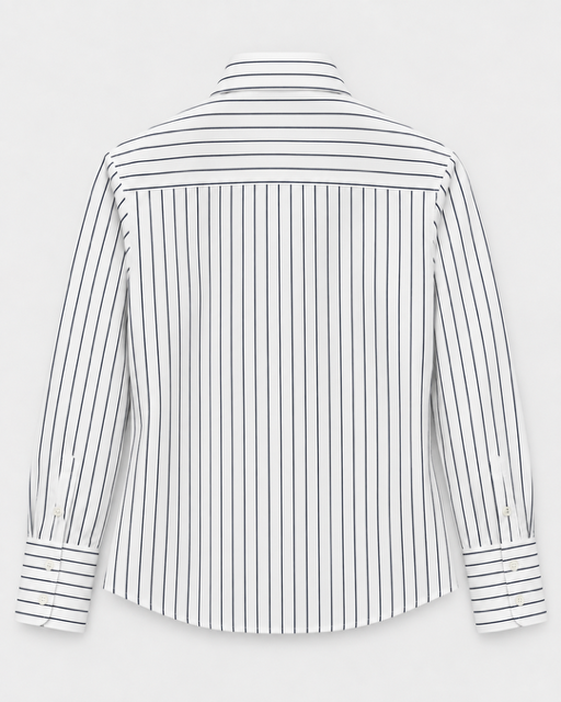 Claridge & King - The Crop Shirt in Black + White Stripe. Available at Edit by Elaine Turner in Houston, TX. Back Flat Lay View. 