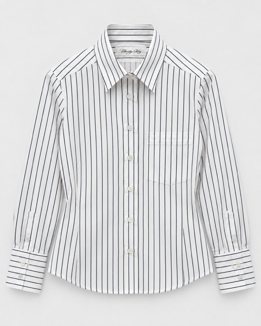 Claridge & King - The Crop Shirt in Black + White Stripe. Available at Edit by Elaine Turner in Houston, TX. Front Flat Lay View. 