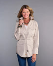 Claridge & King - The Four Pocket Shacket in Stone. Available at Edit by Elaine Turner in Houston, TX. Front model view. 