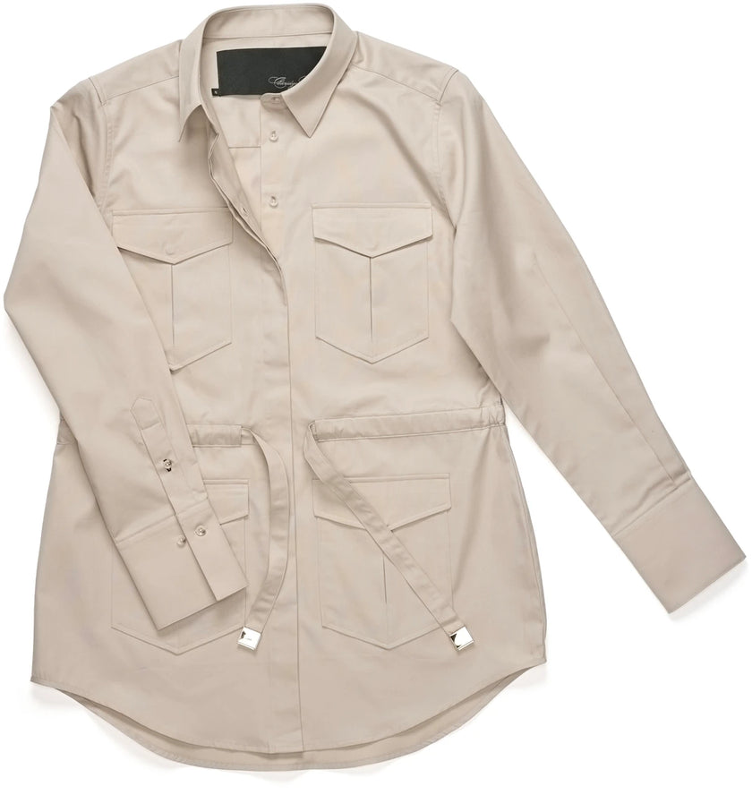 Claridge & King - The Four Pocket Shacket in Stone. Available at Edit by Elaine Turner in Houston, TX. Flat Lay view. 