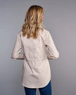 Claridge & King - The Four Pocket Shacket in Stone. Available at Edit by Elaine Turner in Houston, TX. Back model view. 